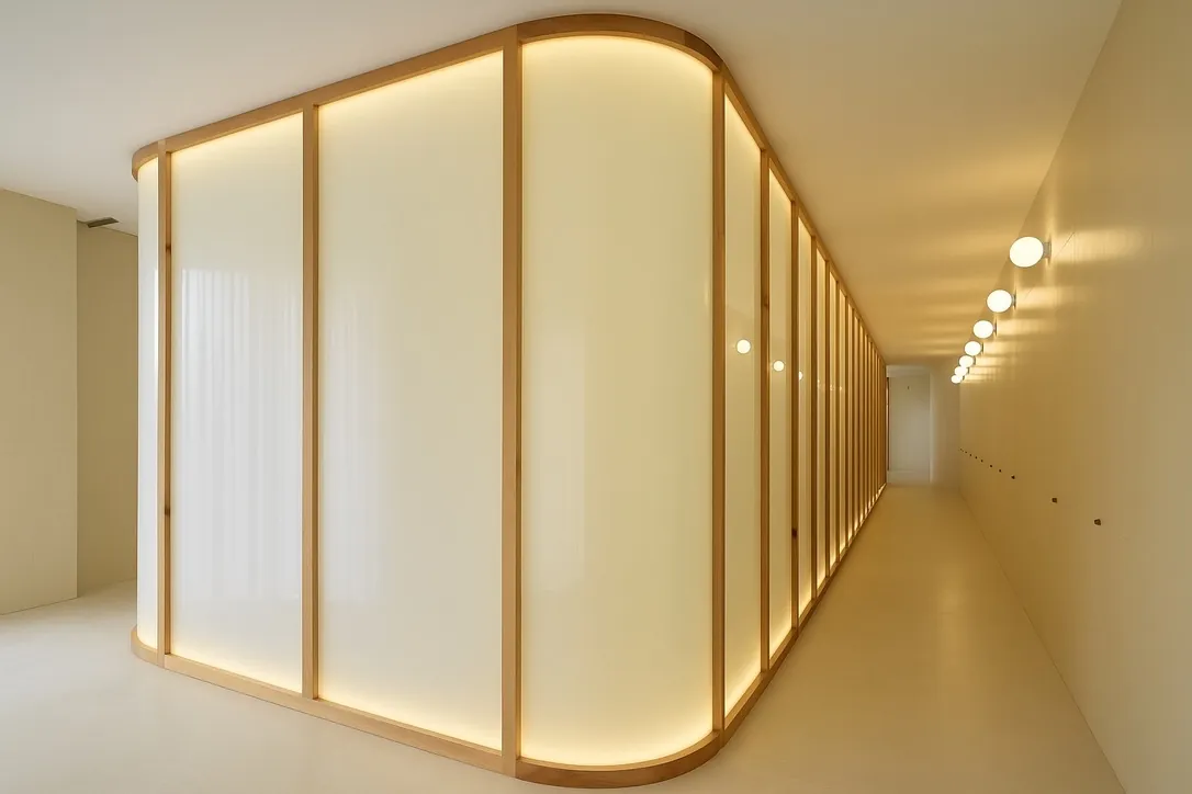 Pasillo curvo con paneles de luz de la clínica dental