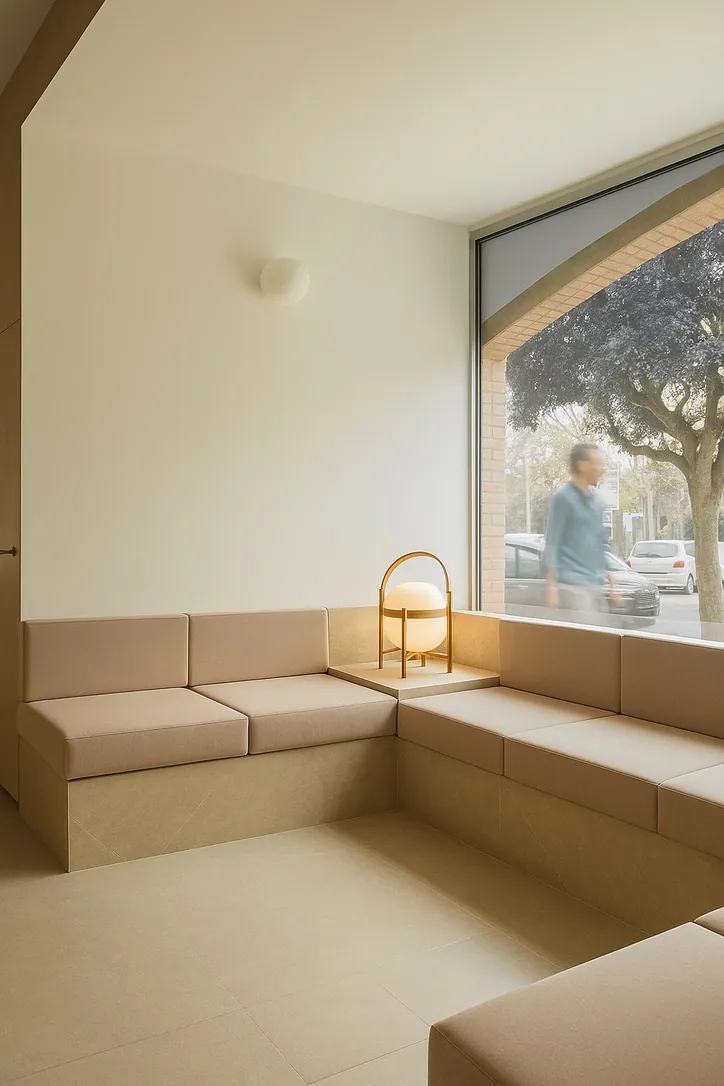 Sala de espera de la clínica con banco corrido y lámpara