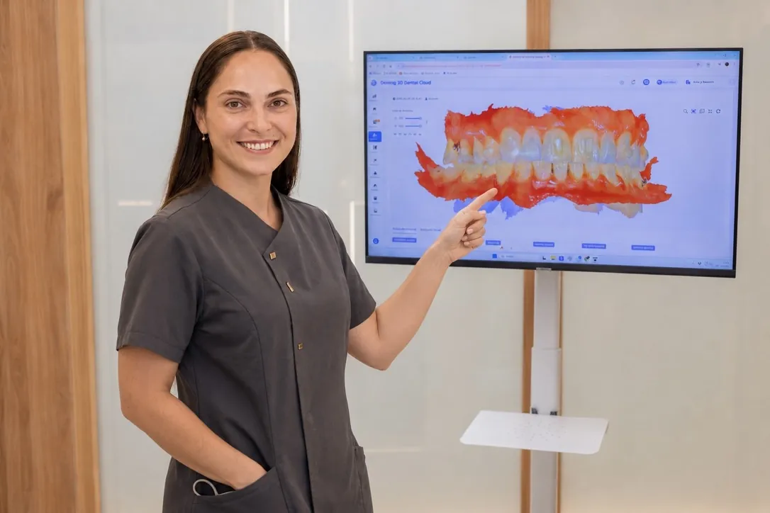 Doctora junto a la pantalla con un escaneo dental 3D